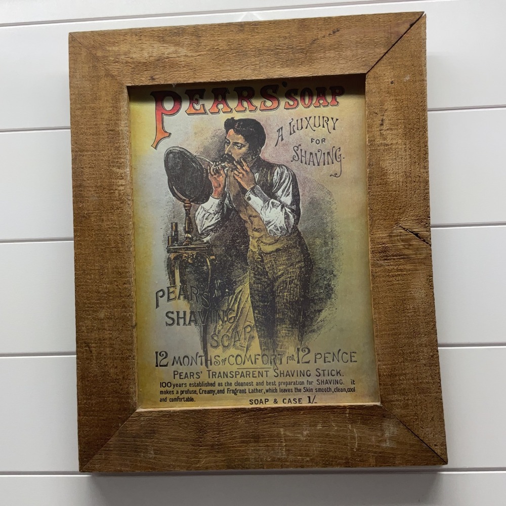 Vintage Pears Soap Framed Advertising Print Shaving Man Rustic Wood Frame 13x16